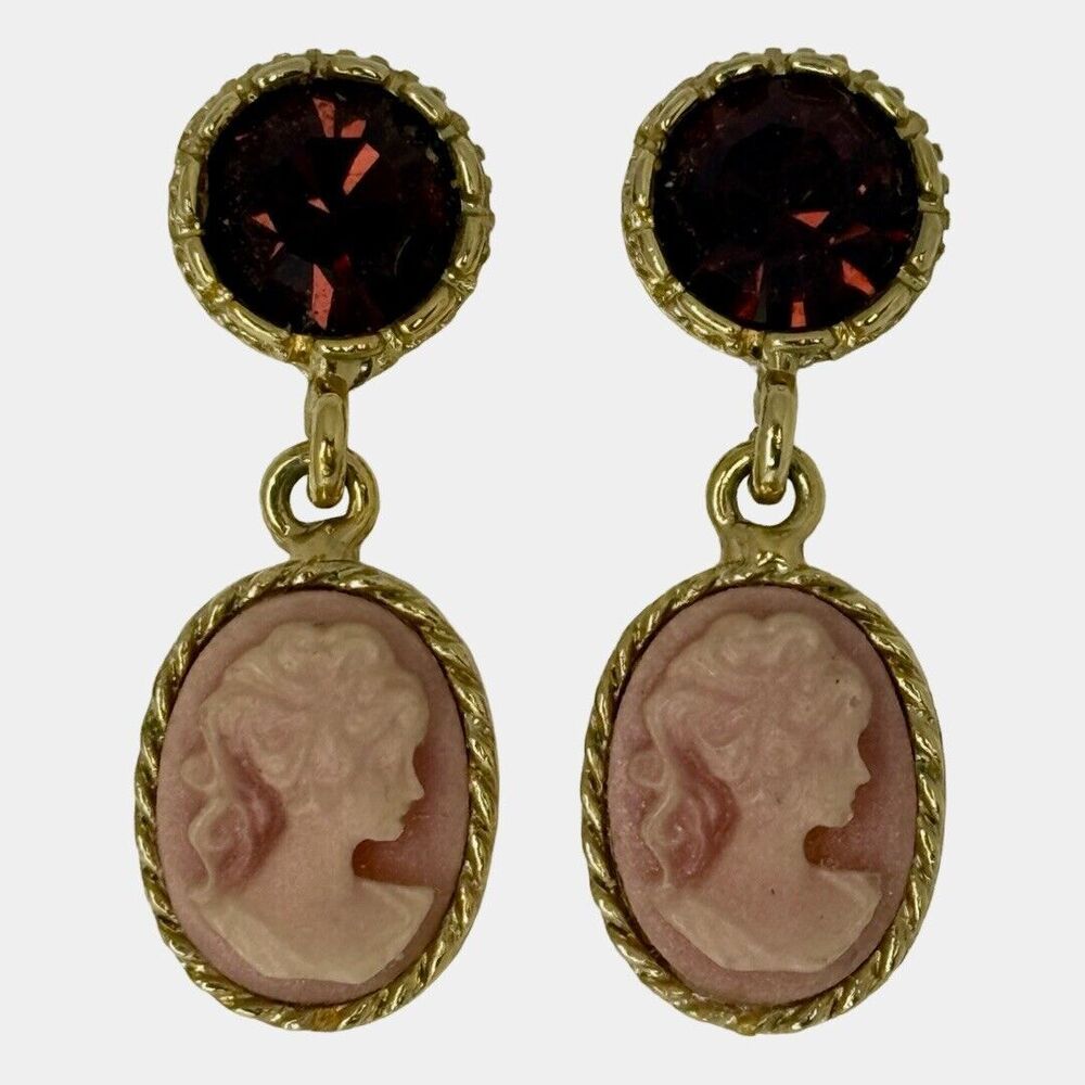 Vintage Gold-Tone Cameo Dangle Drop Earrings 1" Red Rhinestone